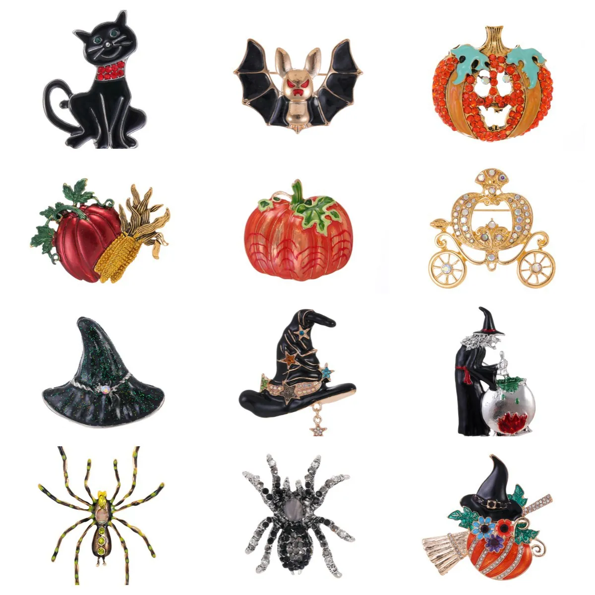 Halloween Brooch Pin Zinc Alloy Enamel Rhinestone Black Cat Bat Pumpkin Witch Hat Spider Accessories Festive Jewelry Gift
