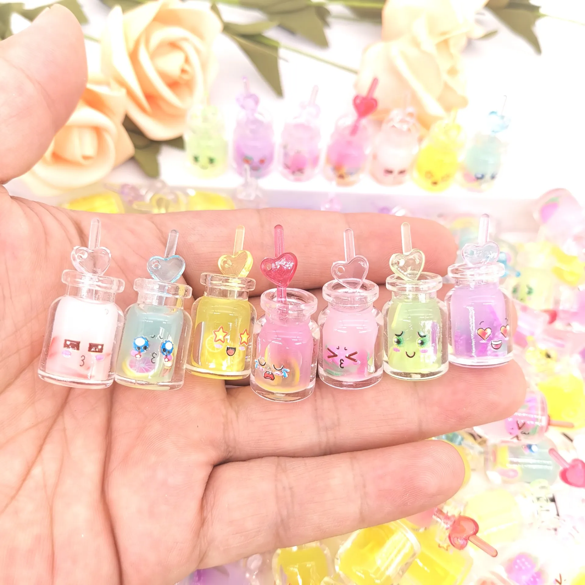 Luminous Mini Drink Bottle Keychain Cute Expression Resin Bag Pendant Heart Straw DIY Craft Ornament For Kids Friends
