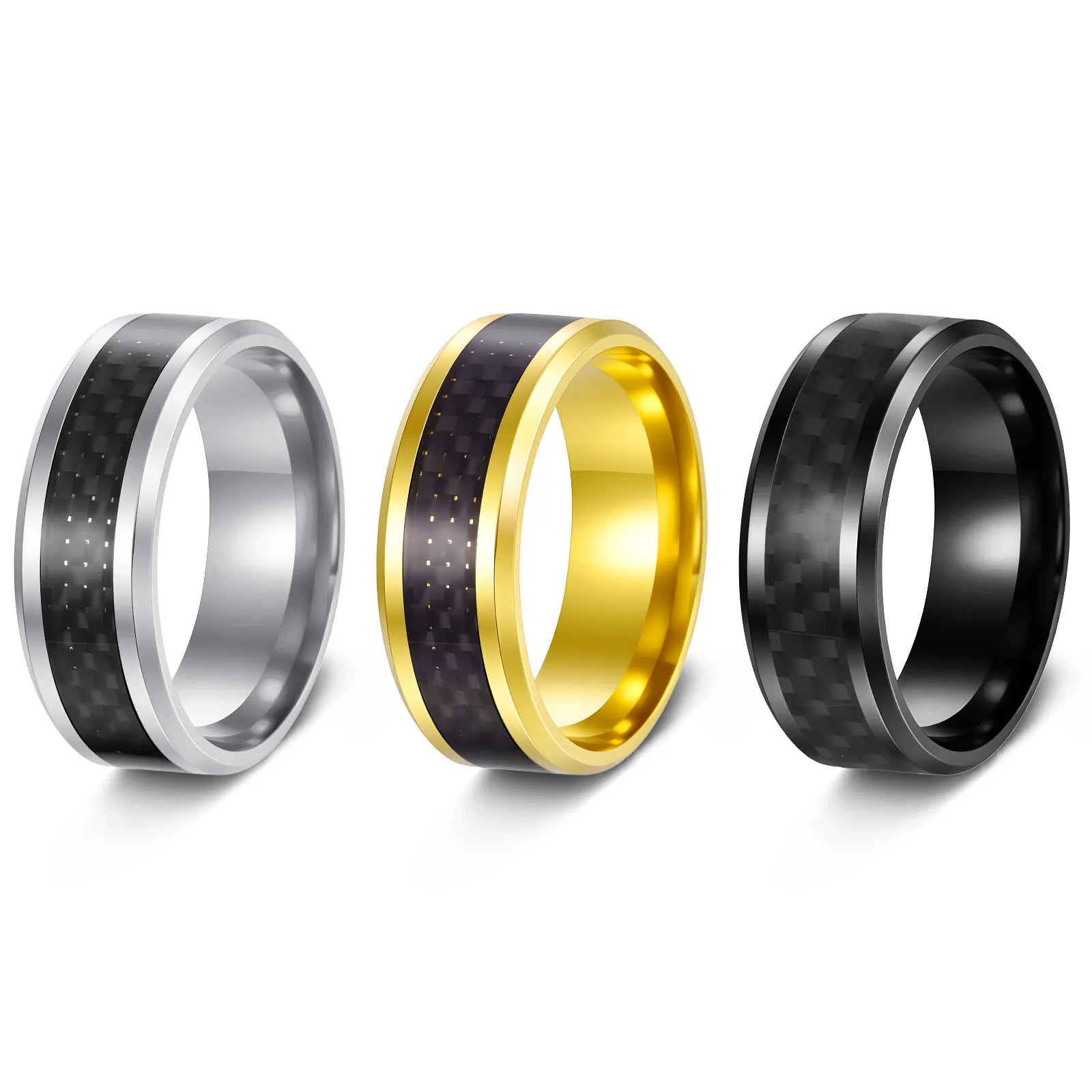 Men Ring Stainless Steel With Carbon Fiber Inlay Modern Industrial Fashion Jewelry Band For Daily Wear