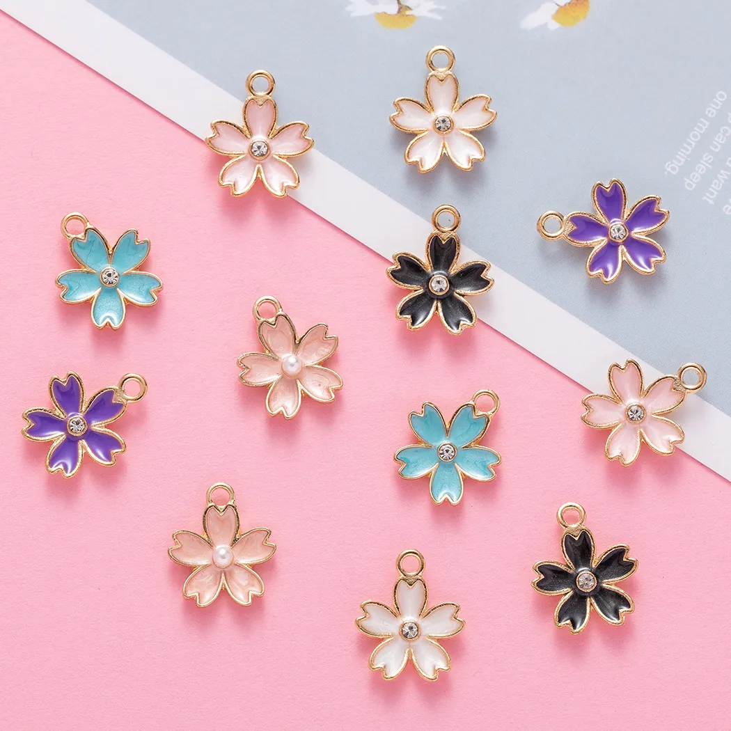 Cherry Blossom Flower Charms Pendants Alloy Enamel With Rhinestones Artificial Pearls For DIY Jewelry Making Crafts