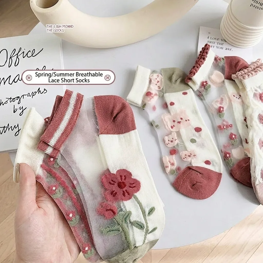 Damen Japanisch Süß Netzsocken Transparent Blumen Stickerei Spitze Füßlinge Atmungsaktiv Dünne Knöchelsocken Für Den Sommer