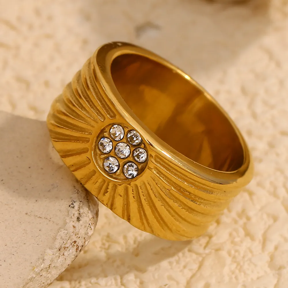 Sunray Texture Wide Band Ring Stainless Steel 18K Gold Plated Cubic Zirconia Vintage Bohemian Jewelry For Women