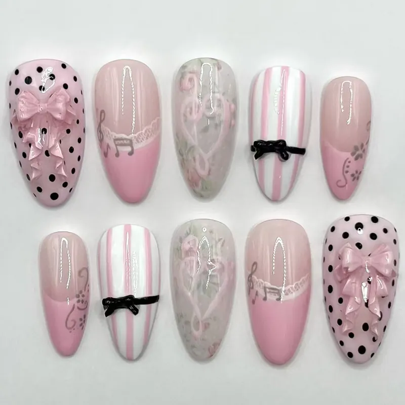 Press On Nails Almond Shape Pink White Black With 3D Bows Polka Dots Musical Notes French Style Sweet False Nails