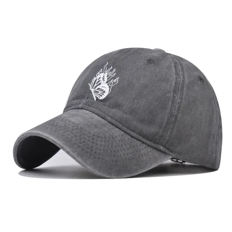 Baseball Cap Washed Cotton Butterfly Flame Embroidered Vintage Adjustable Outdoor Sun Hat Unisex Dad Hat