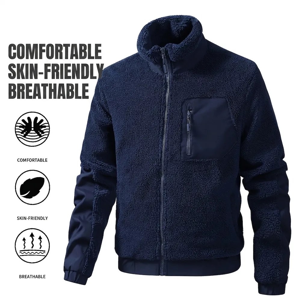 Men Sherpa Fleece Jacket Warm Patchwork Stand Collar Full Zip Outdoor Fall Winter American Vintage Casual Fleece Coat