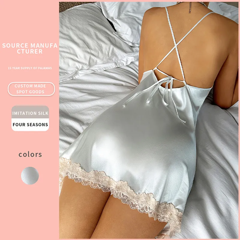 Women Satin Imitation Satin Nightgown Lace Trim V Neck Spaghetti Strap Backless Sleepwear Chemise Homewear Slip Dress