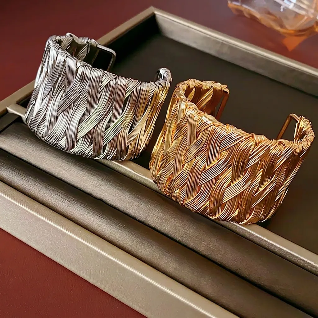 Vintage Woven Cuff Bracelet Retro Wide Braided Alloy Open Bangle For Women Fashion Jewelry