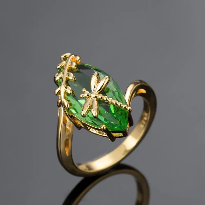 Anello Libellule Vintage Rame Placcato Oro Con Pietra Preziosa Verde Marquise Ramo Di Foglia Natura Per Donne