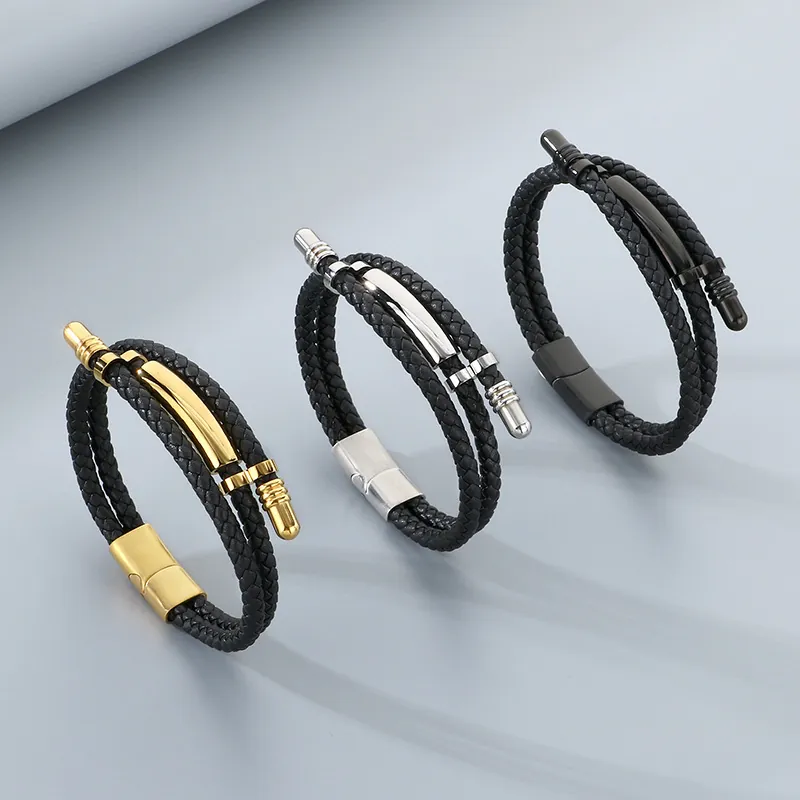 Bracciale In Pelle Intrecciata Multi Strato Da Uomo Con Chiusura Magnetica In Acciaio Inossidabile Gioielli Punk