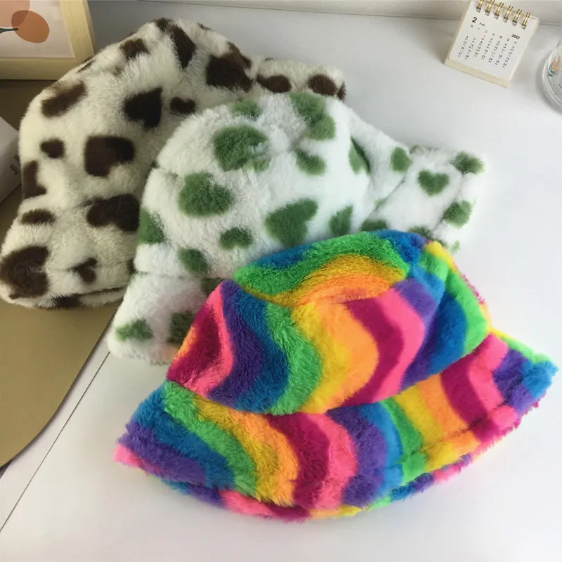 Plush Bucket Hat Faux Fur Heart Pattern Warm Winter Casual Outdoor Korean Style For Women