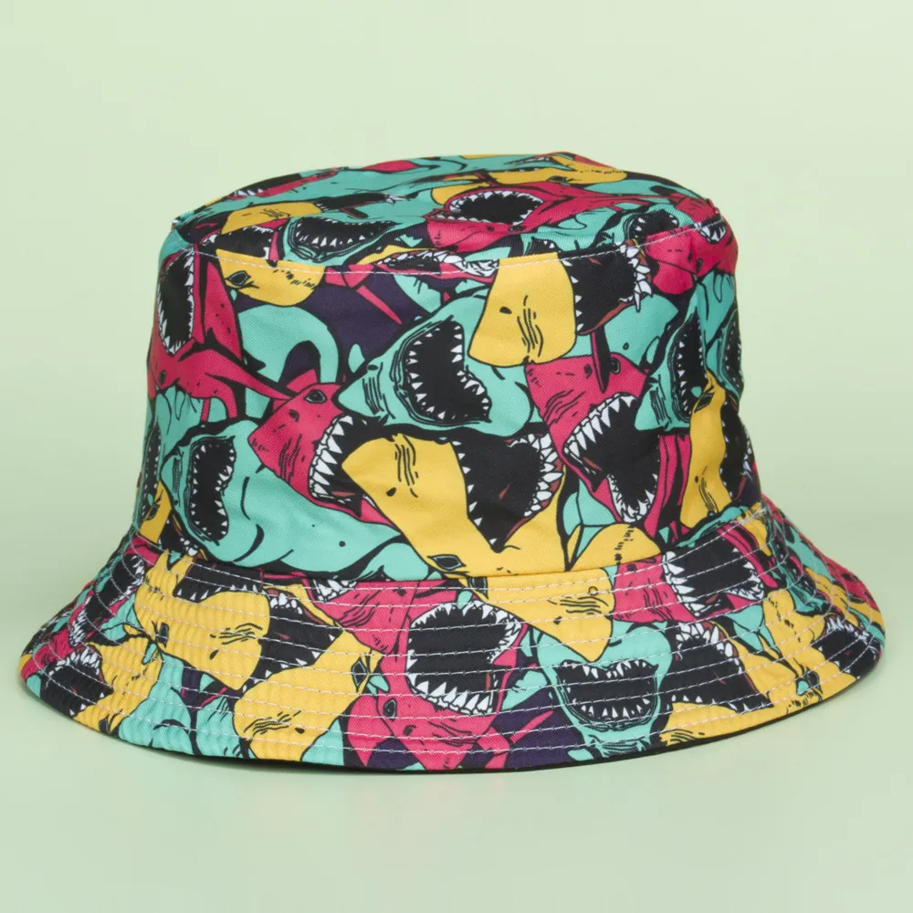 Beidseitiger Fischerhut Bunter Hai Print Baumwolle Canvas Sonnenschutz Outdoor Streetwear Hip Hop Kappe Unisex