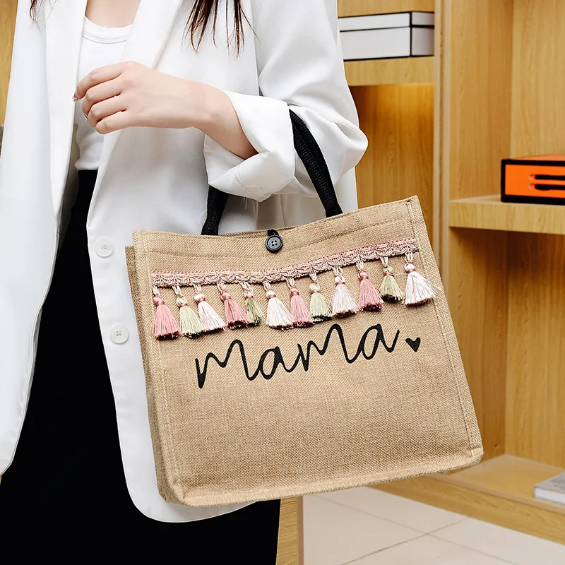 Jute Hemp Tote Bag With Colorful Tassels Mama Letter Print Large Capacity Handbag Bohemian Style Women Casual Shopping