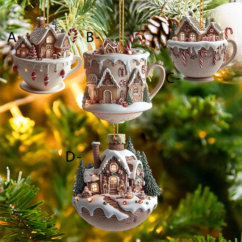 Christmas Snow House Coffee Cup Hanging Ornament Acrylic Gingerbread House Pendant For Car Interior Backpack Tree Decor
