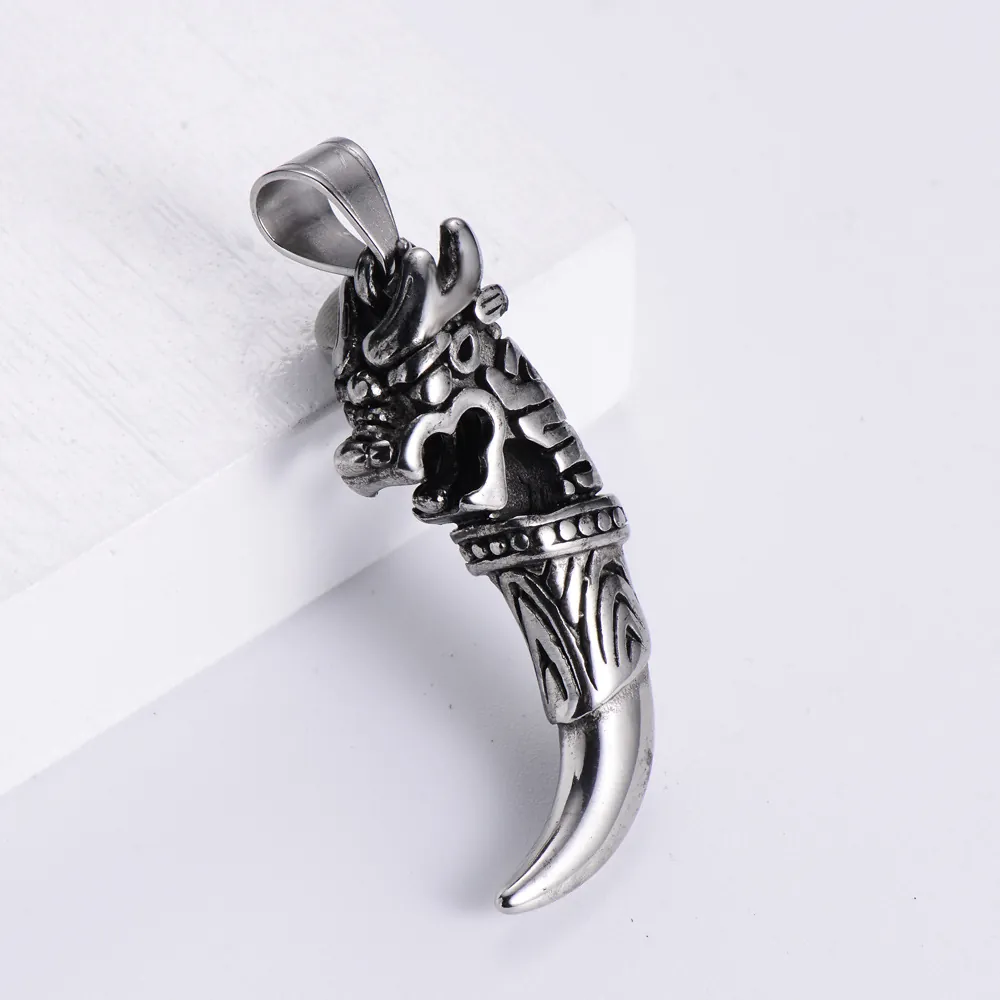 Vintage Dragon Tooth Pendant Necklace For Men Retro Punk 304 Stainless Steel Wolf Tooth Gothic Hip Hop Jewelry