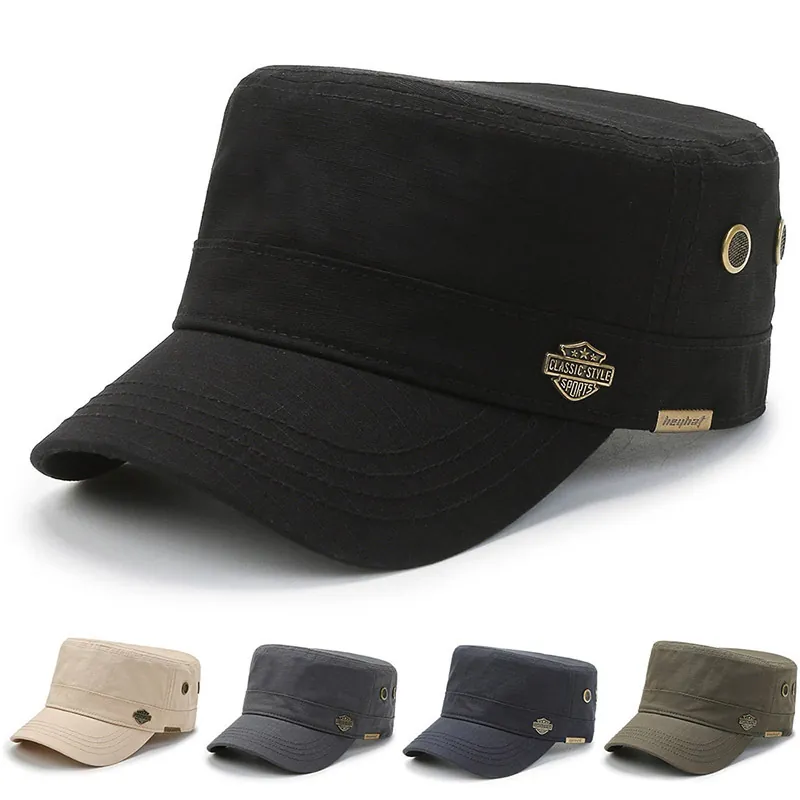 Men Cadet Hat Flat Top Military Cap Adjustable Polyester Breathable Sun Protection Classic Sporty Outdoor Hat
