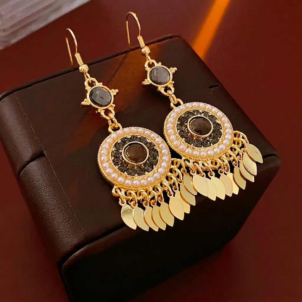 Boucles D'Oreilles Pendantes Bohèmes Vintage Avec Faux Künstliche Perles Strass Gland Feuille Métal Bijoux Ethniques Femmes