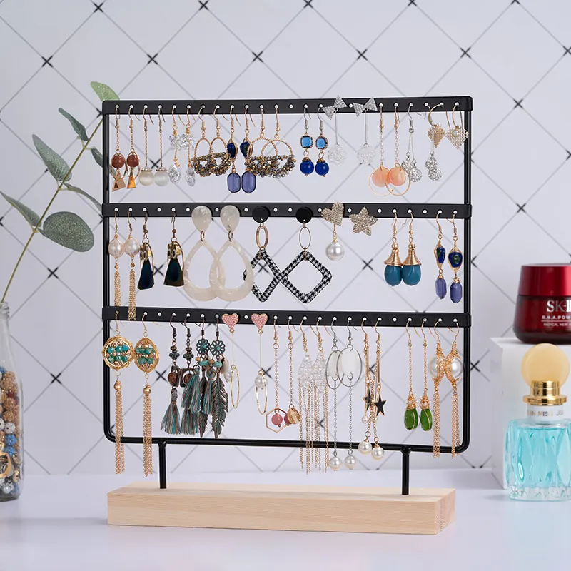 Multi Tier Earring Display Stand Metal Jewelry Organizer With Wooden Base For Studs Desktop Storage Minimalist Nordic Style
