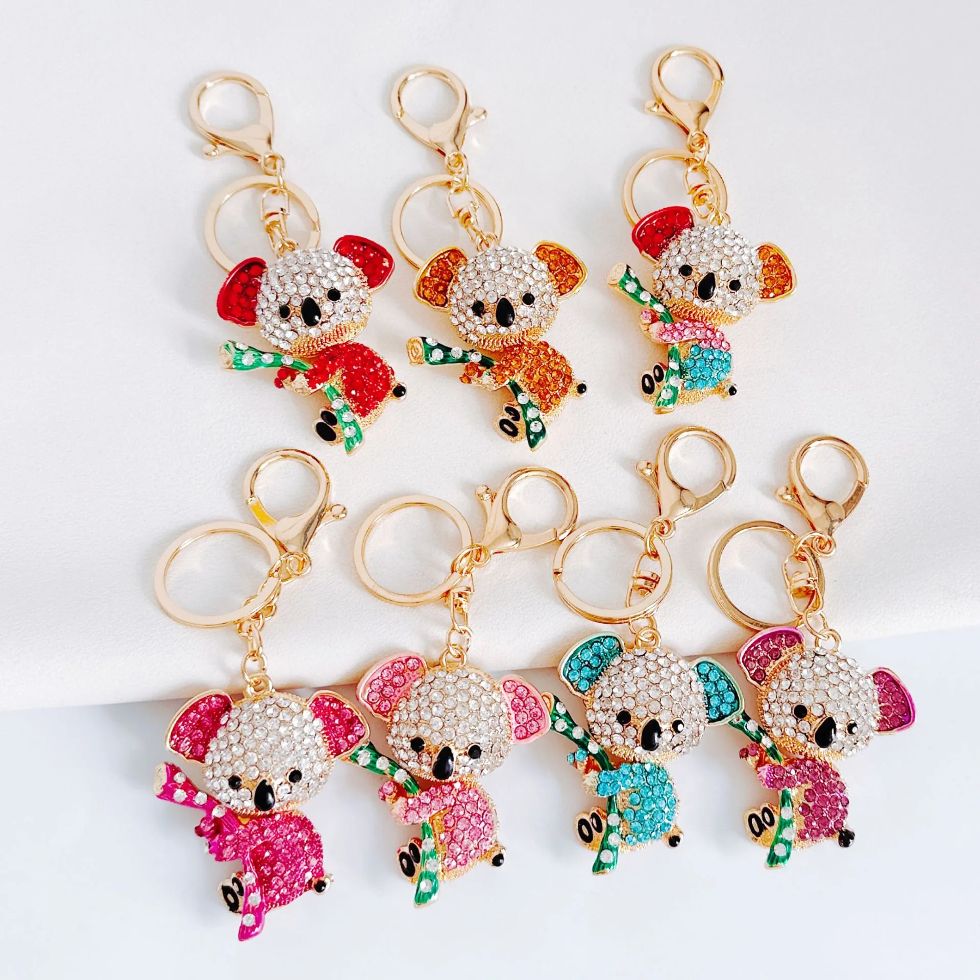 Cute Cartoon Koala Keychain Sparkly Rhinestone Alloy Bag Pendant With Heart Charm And Woven Strap Exquisite Gift