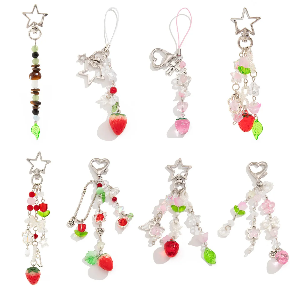 Portachiavi Con Perline Fragola Dolce Gancio Stella Cuore Lega Fiore Acrilico Imitazione Perla Artificial Ciondolo Borsa Per Ragazze