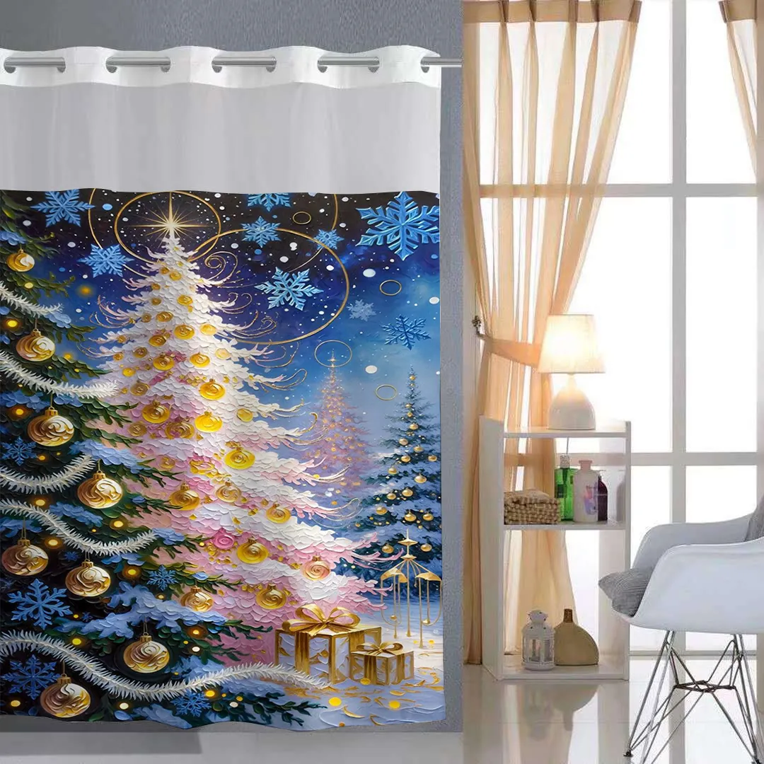 Christmas Shower Curtain Layered Waffle Fabric Hookless Ring Removable Waterproof Liner Starry Sky Tree Oil Painting Decor