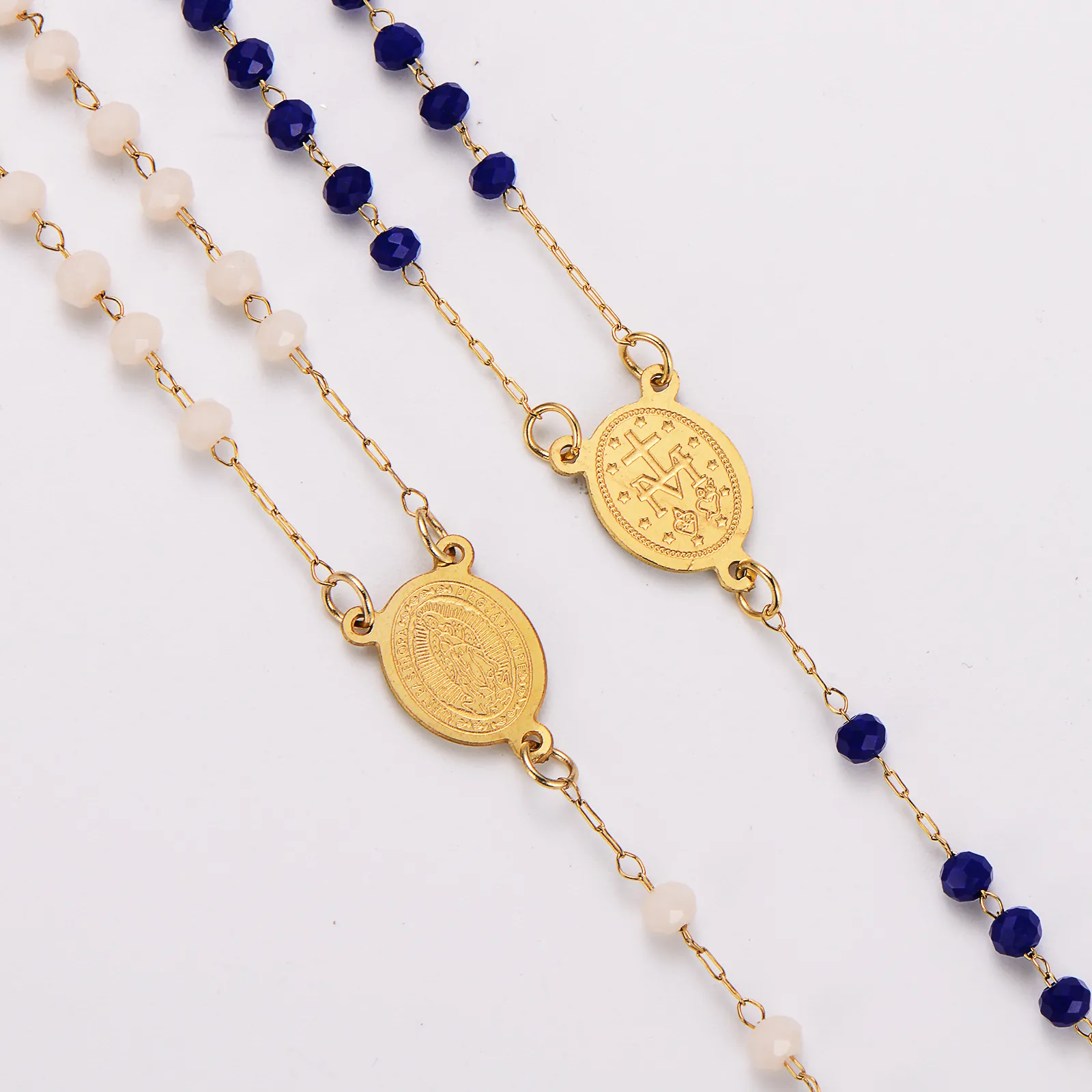 Collier Chapelet Acier Inoxydable Perles Cristal Médaille Miraculeuse Pendentif Croix Forme En Y Religieux Mode Femmes