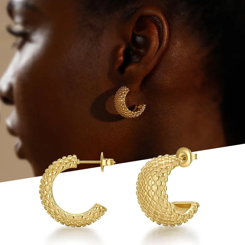 Orecchini a Cerchio in Rame Texturizzati Stile Francese Vintage per Donna Placcati Oro Geometrici a C Gioielli alla Moda