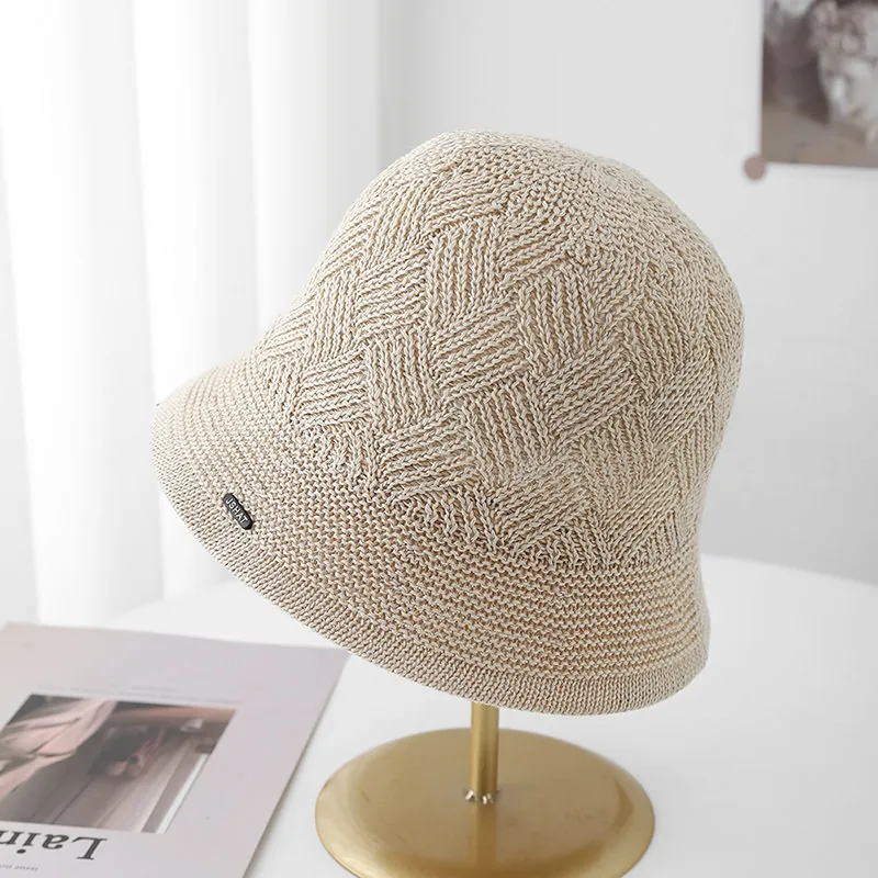 Women Knitted Bucket Hat Breathable Polyester Fisherman Sun Hat Minimalist Geometric Pattern Metal Tag Casual Summer