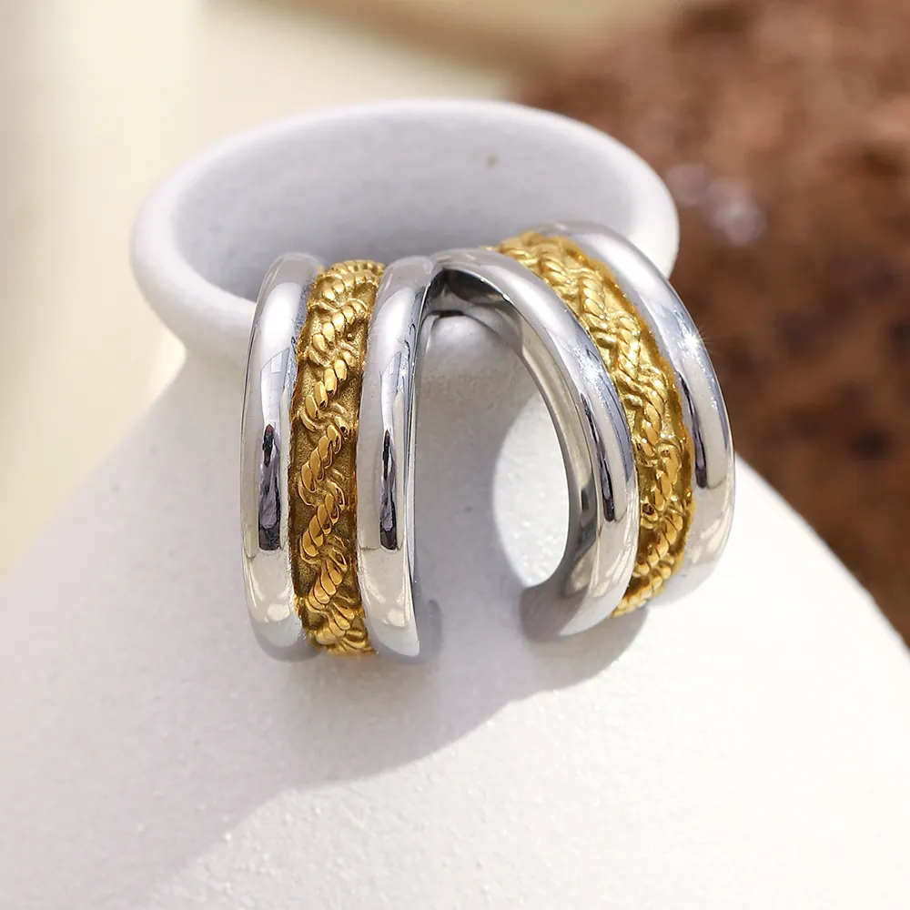 Boucles D-oreilles Créoles En C Pour Femmes Acier Inoxydable Bicolore Plaqué Or 18K Motif Corde Torsadée Bijoux Élégants Rétro