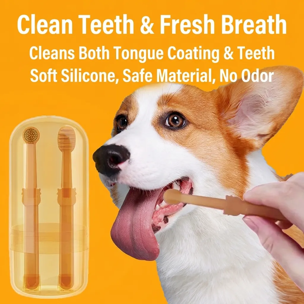 Silicone Pet Toothbrush And Tongue Scraper For Dogs Cats Oral Care Soft Bristles Dental Cleaning Tool With Portable Case