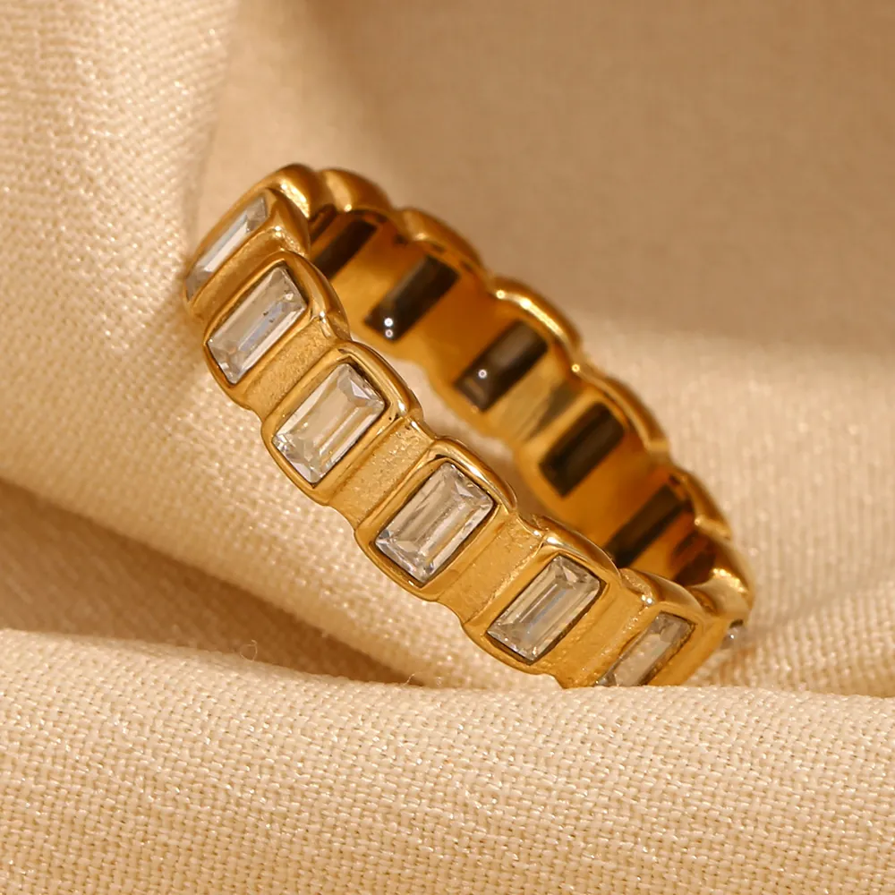 Minimalist Stainless Steel Square Cut Rhinestone Eternity Ring Gold Plated Waterproof Fashion Jewelry For Women