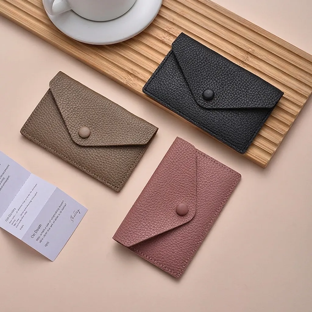 Women Compact Coin Purse Minimalist Lychee Texture PU Leather Envelope Card Holder With Snap Button