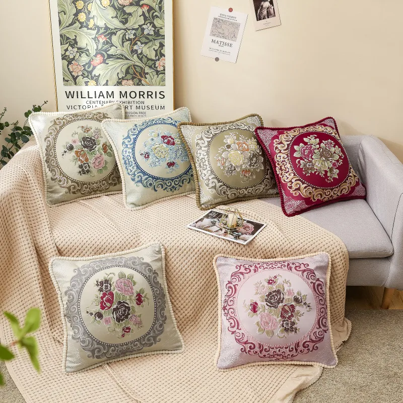 Decorative Throw Pillow Cushion Cover Jacquard Polyester Flower Embroidery Pompom Fringe Vintage Classical Sofa Home Decor