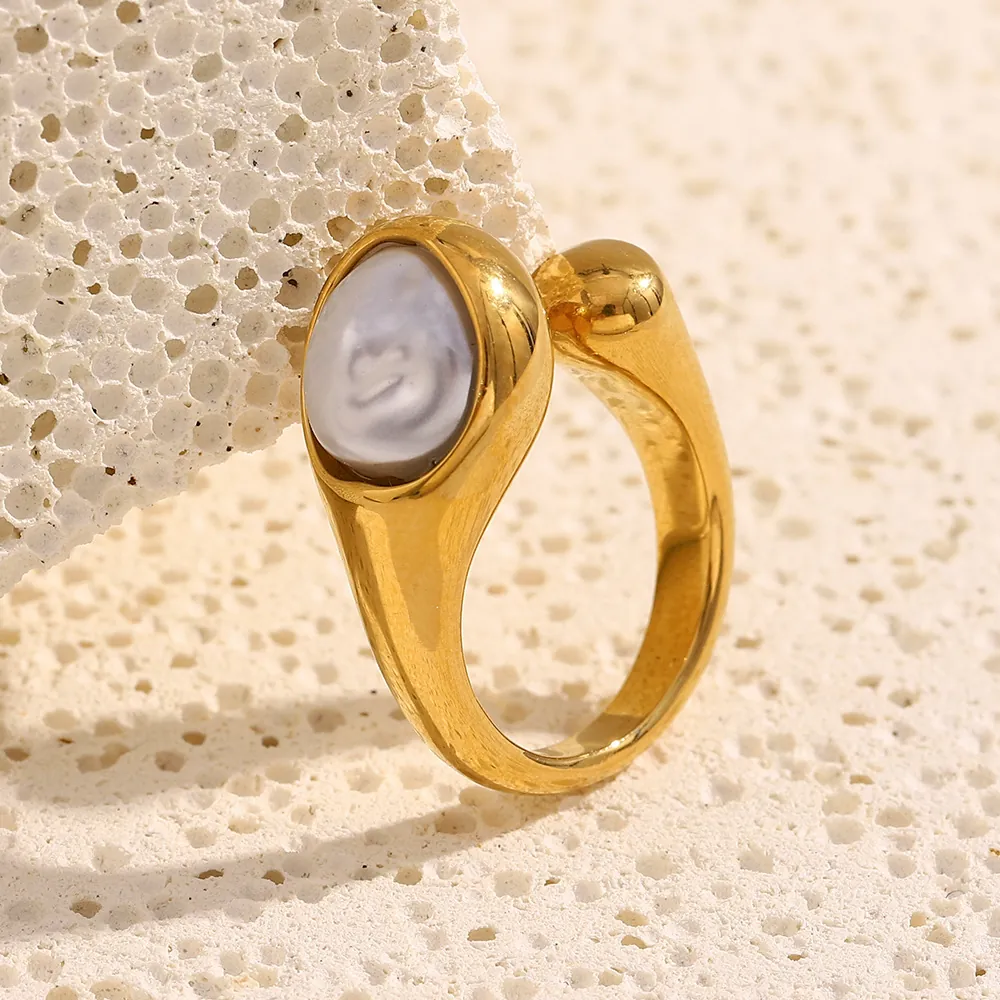 Snake Head Open Ring Stainless Steel 18K Gold Plated Imitation Artificial Pearl Adjustable Vintage French Style Jewelry For Women