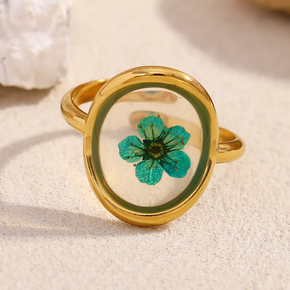 Vintage Natural Dried Flower Resin Open Ring Stainless Steel 18K Gold Plated Adjustable Oval Finger Jewelry For Women
