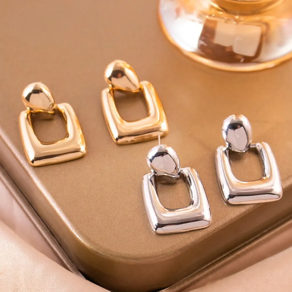 Geometric Hollow Rectangular Drop Earrings With Silver Earring Post High Polish Gold Plated Copper Minimalist Jewelry Women