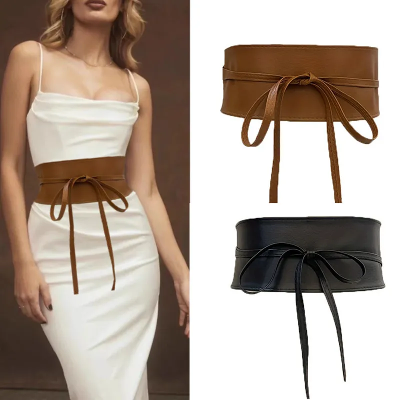 Women Wide Corset Belt Faux Leather Obi Waistband Tie Up Bow Retro Decorative Cincher Minimalist Accessories