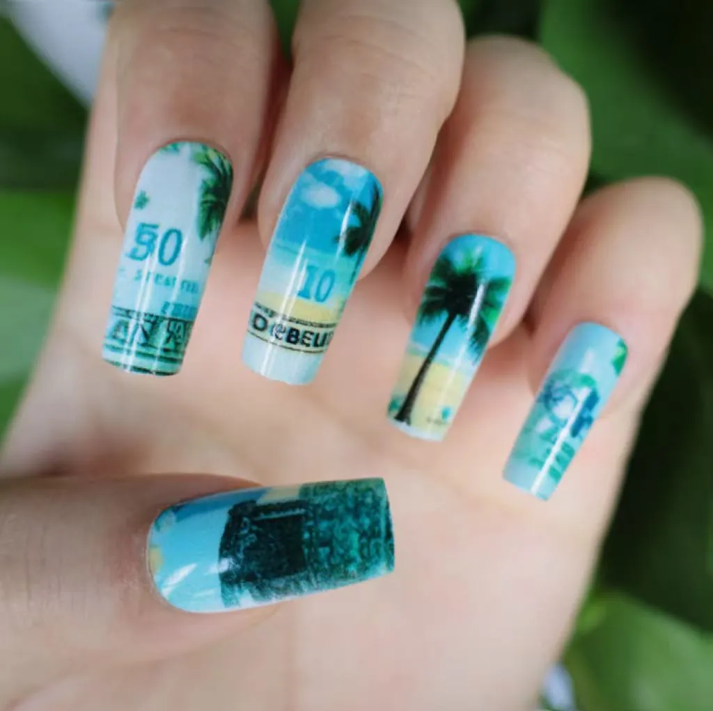 Press On Nails Tropical Beach Palm Tree Sky Pattern Ballet Shape Hawaiian Vacation Style Artificial Fingernails For Women