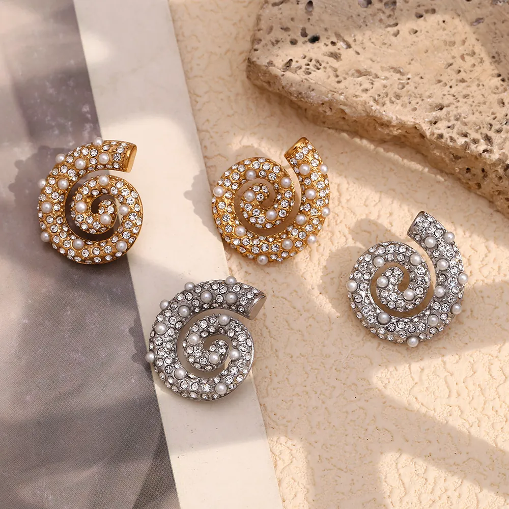 Snail Spiral Stud Earrings Stainless Steel 18K Gold Plated Conch Shell Design With Artificial Pearl And Zircon Luxury Jewelry