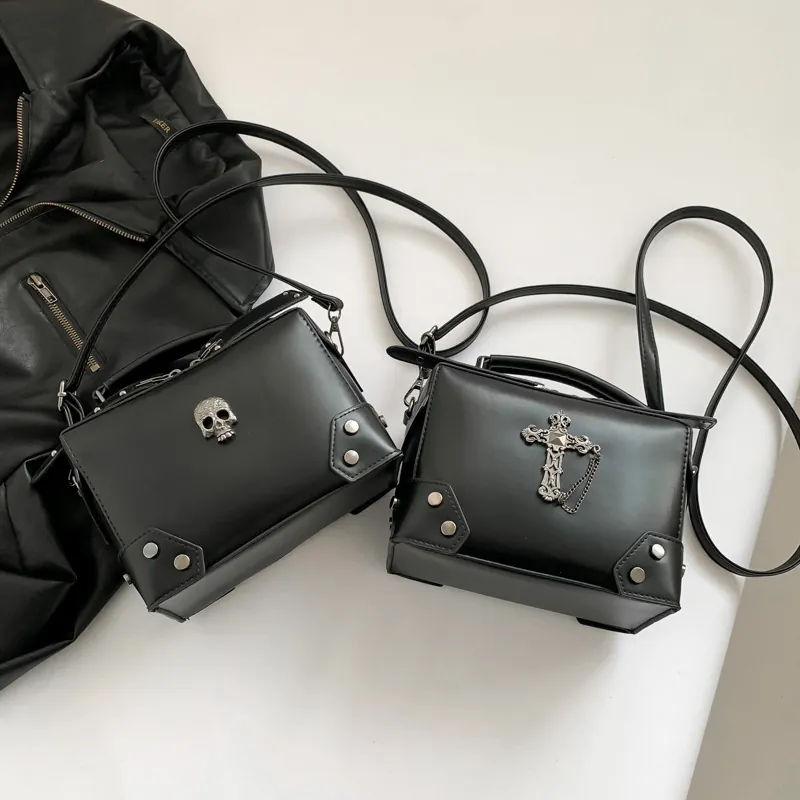 Gothic Punk Crossbody Bag PU Leather Skull Cross Rivet Chain Motorcycle Box Handbag Dark Retro Style Women