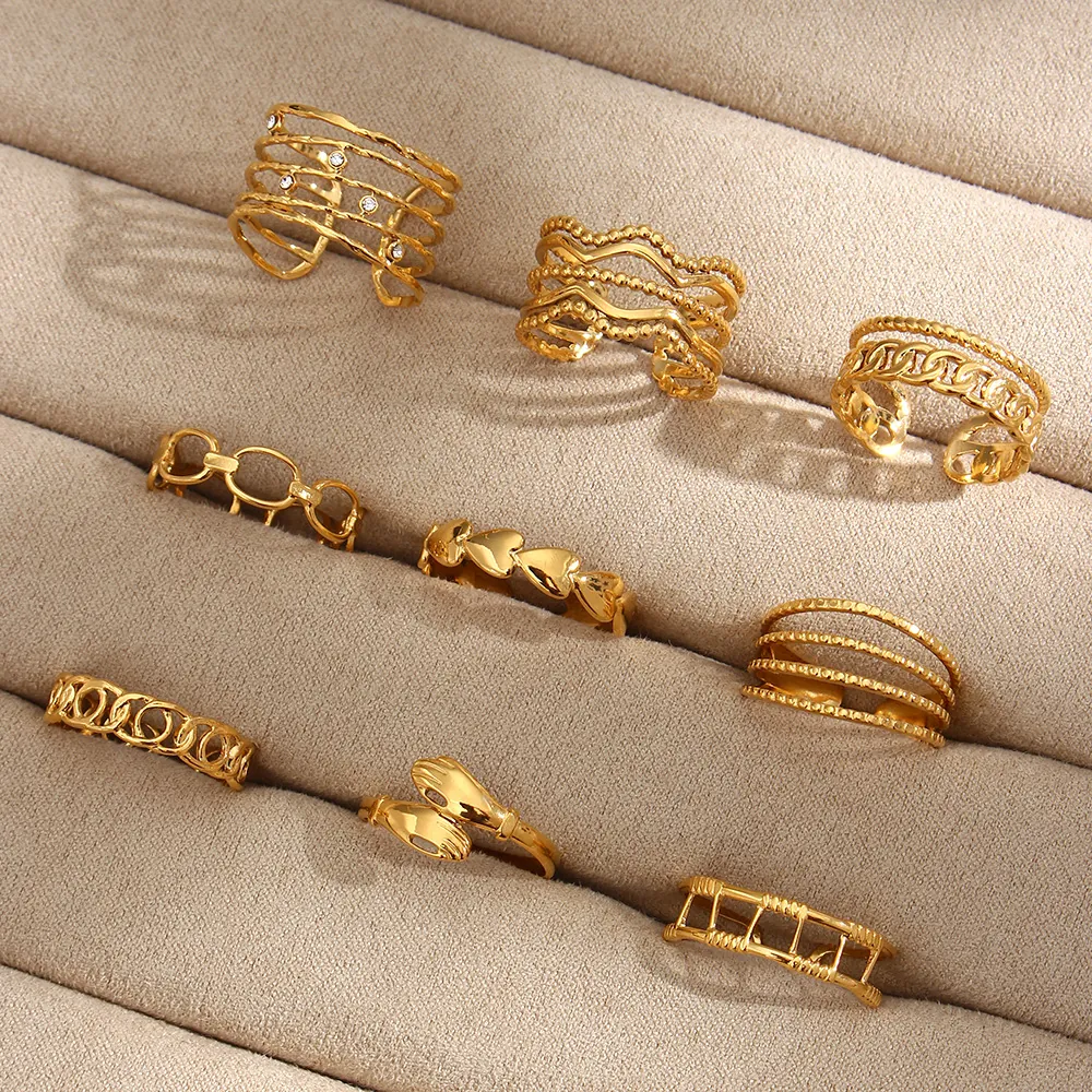 Bagues Ouvertes de Luxe en Acier Inoxydable avec Strass pour Femmes Mode Creux Géométrique Cœur Chaîne Mains Ajustable Bijoux