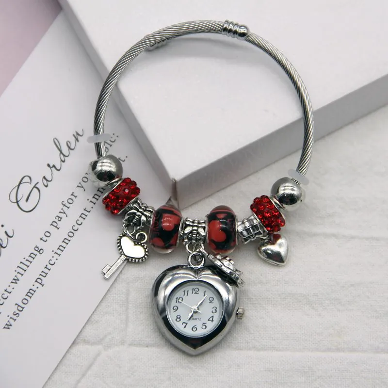 Fashion Women Bangle Watch Heart Shaped Dial Beaded Bracelet With Key Rose Heart Pendants Alloy Quartz Wristwatch For Lady