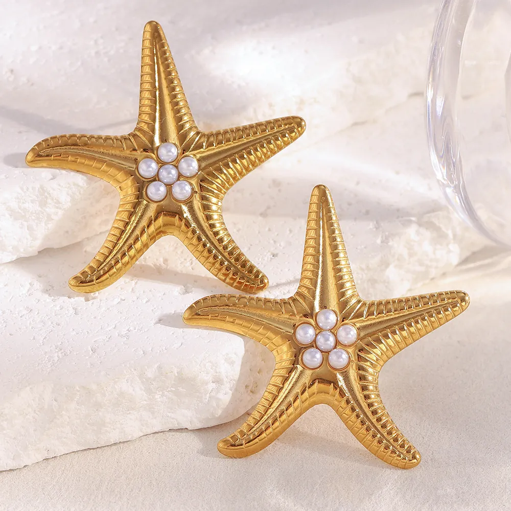 Starfish Stud Earrings With 18K Gold Plated Stainless Steel And White Imitation Artificial Pearl Vintage Ocean Style For Women