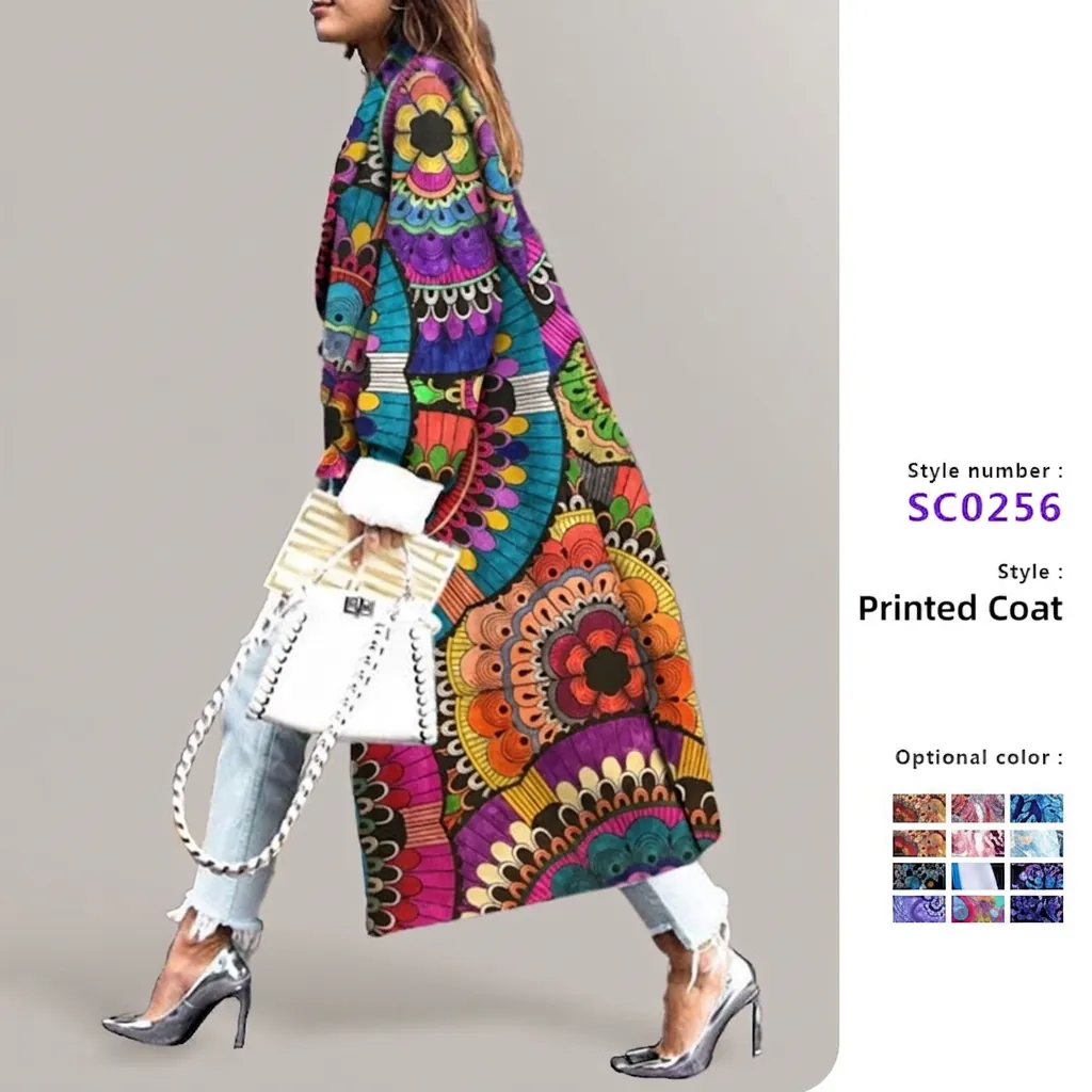 Women Long Overcoat Polyester Bohemian Mandala Paisley Print Loose Ankle Length Lapel Fashion Outerwear