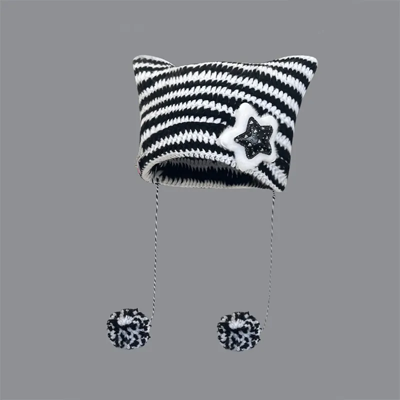 Cute Cat Ear Striped Knitted Beanie Hat Y2K Devil Style With Star Patch And Pom Poms For Women