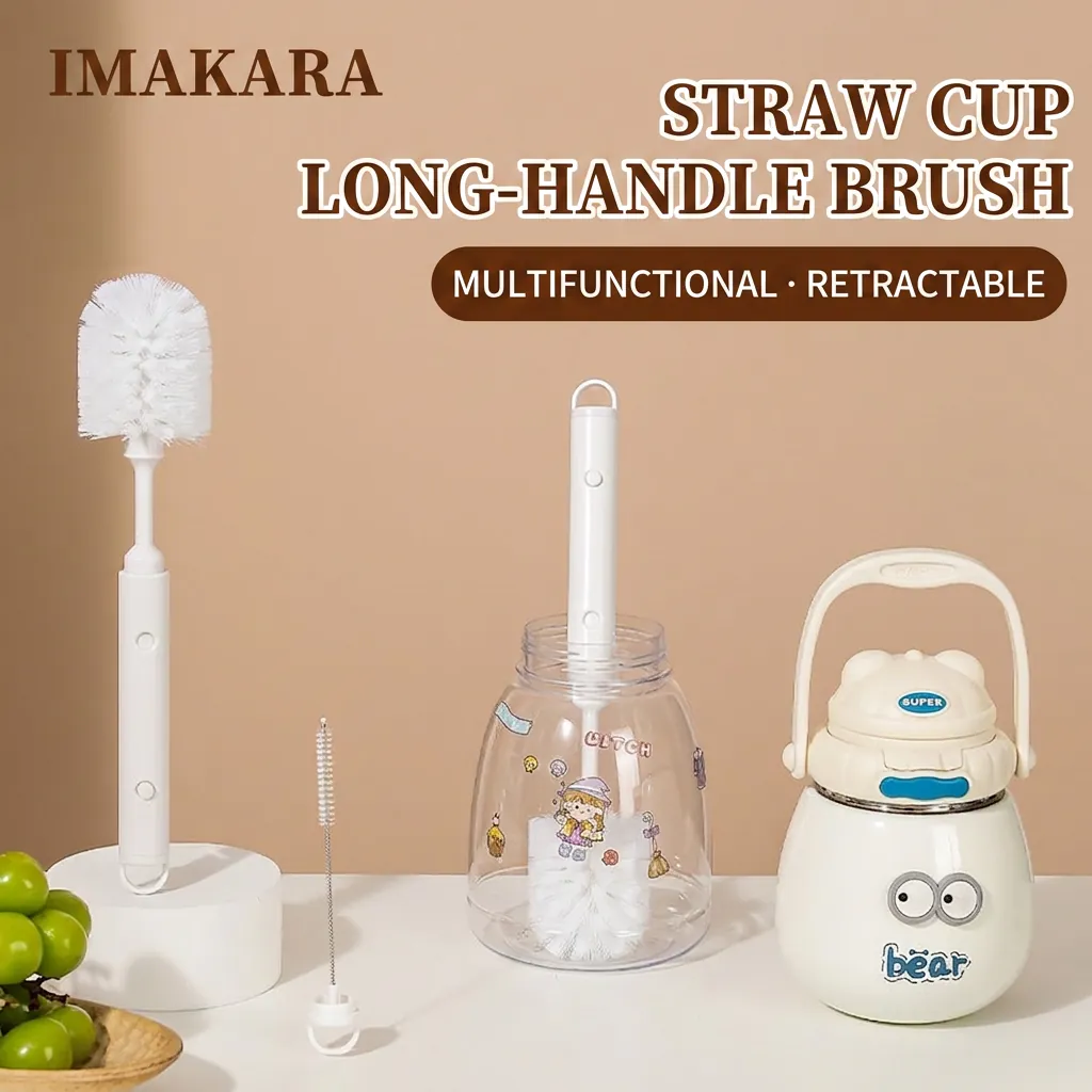 Multifunctional Retractable Cup Brush Bottle Cleaner With Straw Brush And Gap Brush ABS Nylon Stainless Steel White Long Handle Kitchen Household