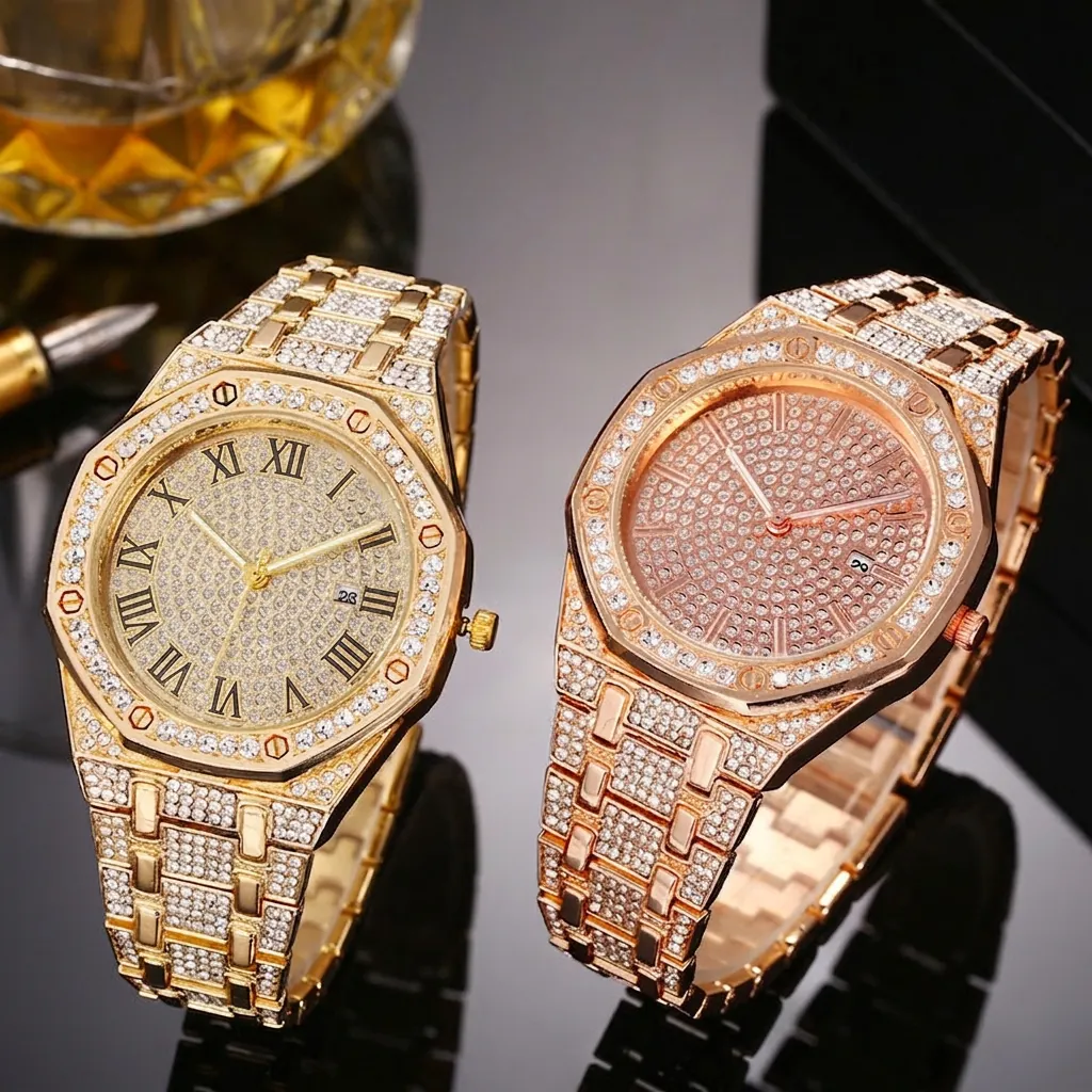 Men Quartz Watch Luxury Iced Out Full Rhinestone Octagonal Bezel Alloy Strap Calendar Business Fashion Wristwatch For Male