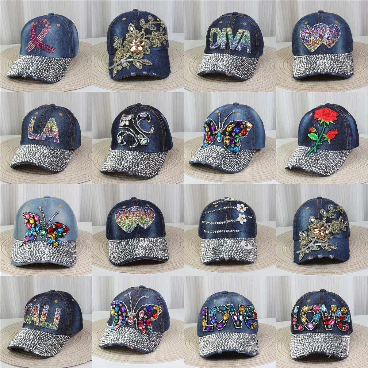 Women Rhinestone Denim Baseball Cap Bling Denim Cotton Adjustable Sun Hat Retro Streetwear Hip Hop Headwear
