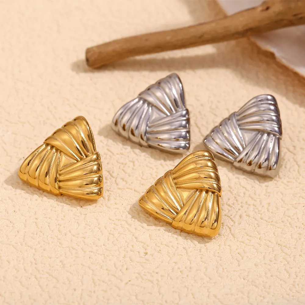 Vintage Stainless Steel Triangle Stud Earrings 18K Gold Plated Ridged Stripe Wrap Geometric Fashion Jewelry For Women