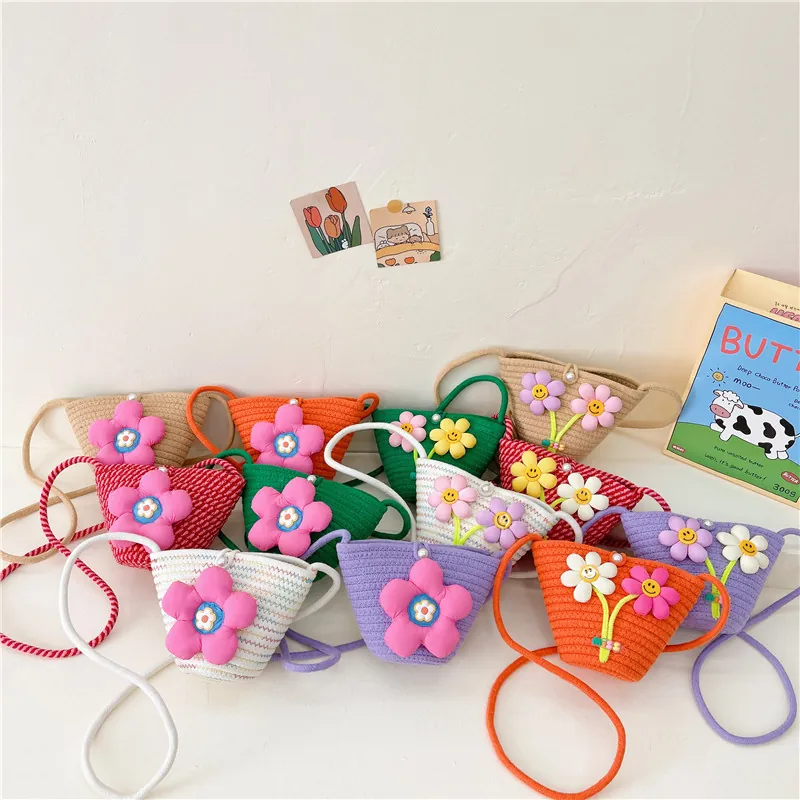 Gewebte Stroh Umhängetasche Für Kinder Mit Blumen Happy Face Künstliche Perle Schnalle Süße Mini Schultertasche Mädchen