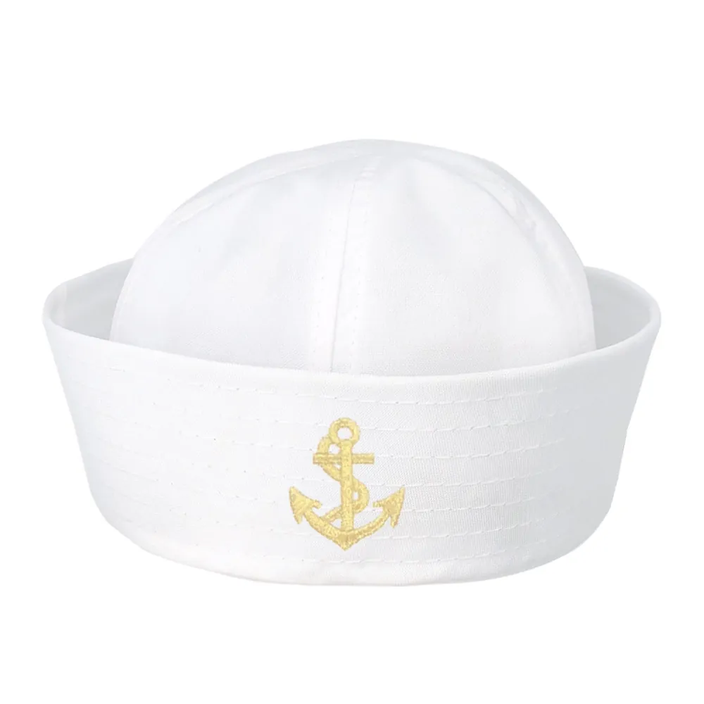 Sailor Hat Captain Navy Cap White Polyester Twill Cuffed Anchor Embroidery For Halloween Cosplay Nautical Party Unisex